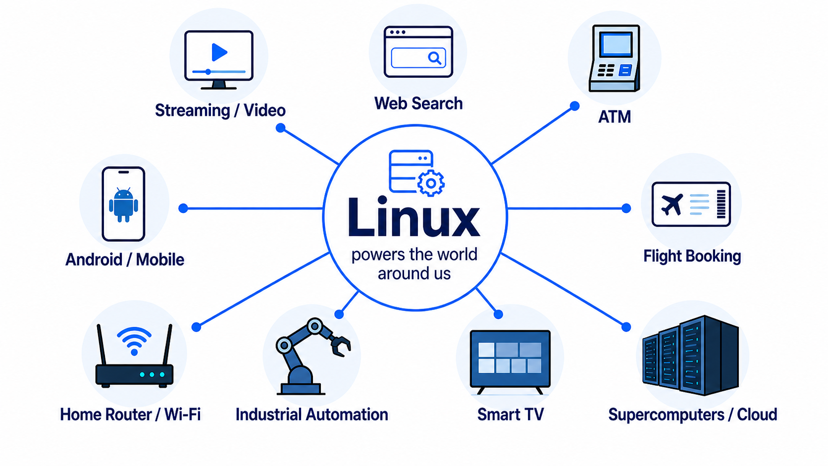 Linux powers the world around us: streaming, web search, ATMs, smart TVs, supercomputers, mobile phones, home routers, industrial automation, and flight booking systems