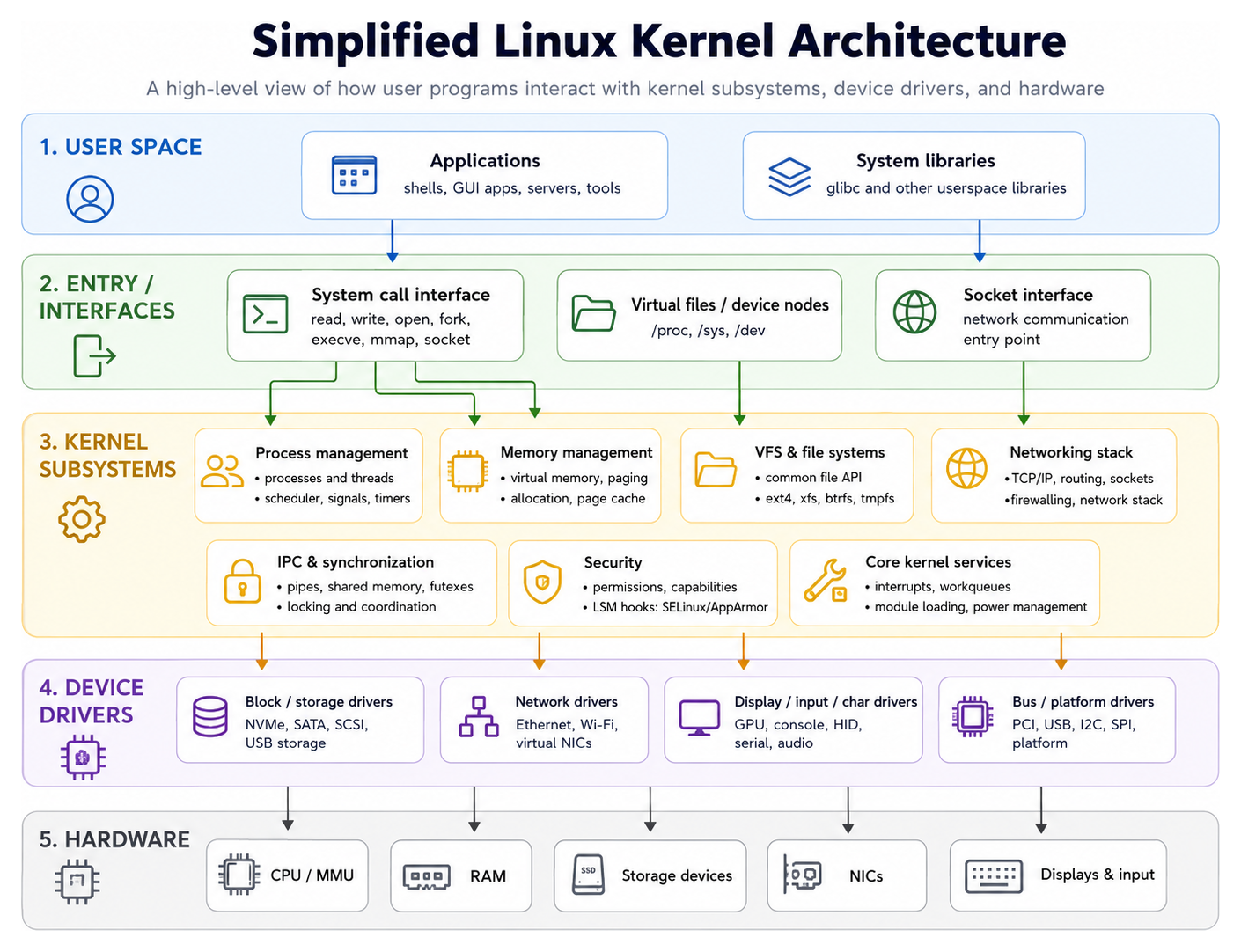 A simplified view of the Linux kernel architecture: user programs and libraries enter the kernel through the system-call interface, which dispatches to subsystems (process management, memory, VFS, networking, IPC, security, and core services) that in turn drive device drivers and the underlying hardware.